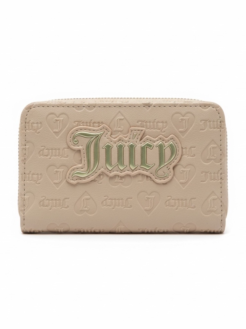 Juicy Couture Beige Embossed Logo Zip Wallet with Green Patch